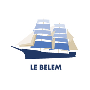 logo du belem représentant les contours du bâteau et des voiles remplis de teintes de bleu et de beige